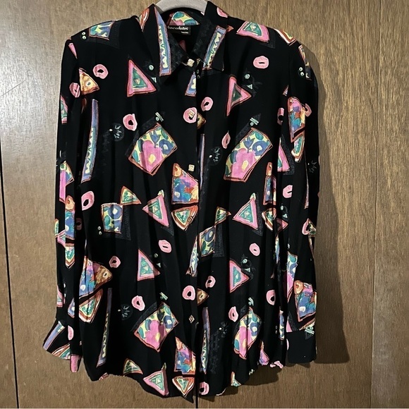 Vintage Chocolates 8 Retro Geometric Black Bright Print Button-Down Blouse - Picture 2 of 12